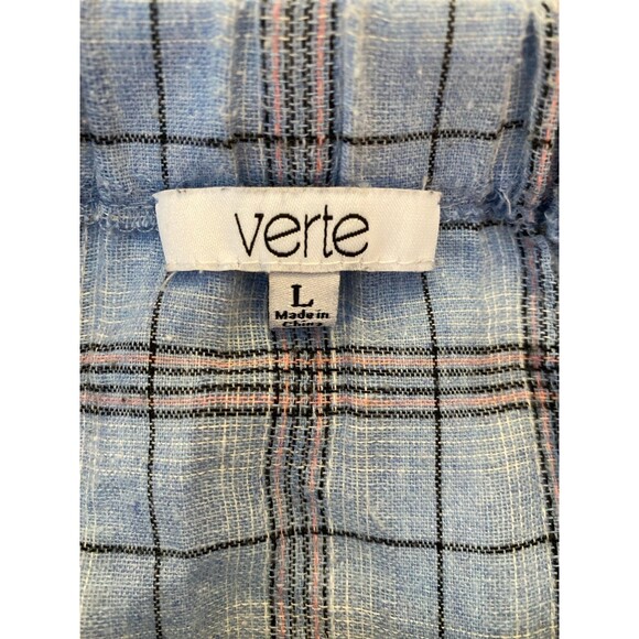 Verte Blouse Size Large Top Off Shoulder (or on) Baby Blue Plaid w Pink Cropped - Picture 5 of 9